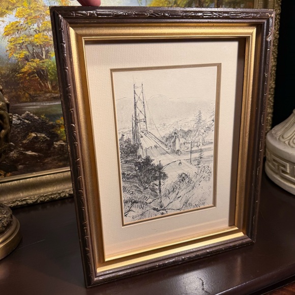 Vintage Other - Gorgeous Sketch of Bridge in Brown and Gold Frame